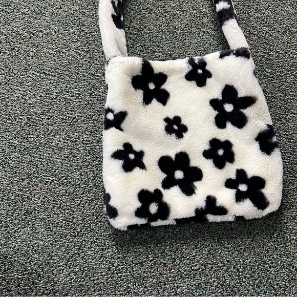 Fuzzy Furry Soft Black & White Floral Cow Print Medium Casual Shoulder Tote Bag - Picture 9 of 16